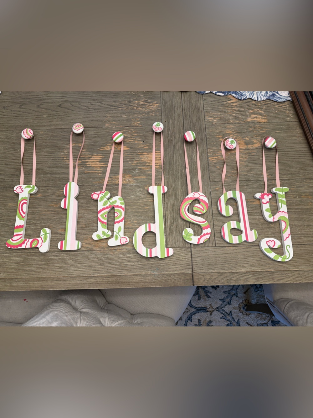 Hand painted custom made Decorative Hanging Letters in Pink, Green & White